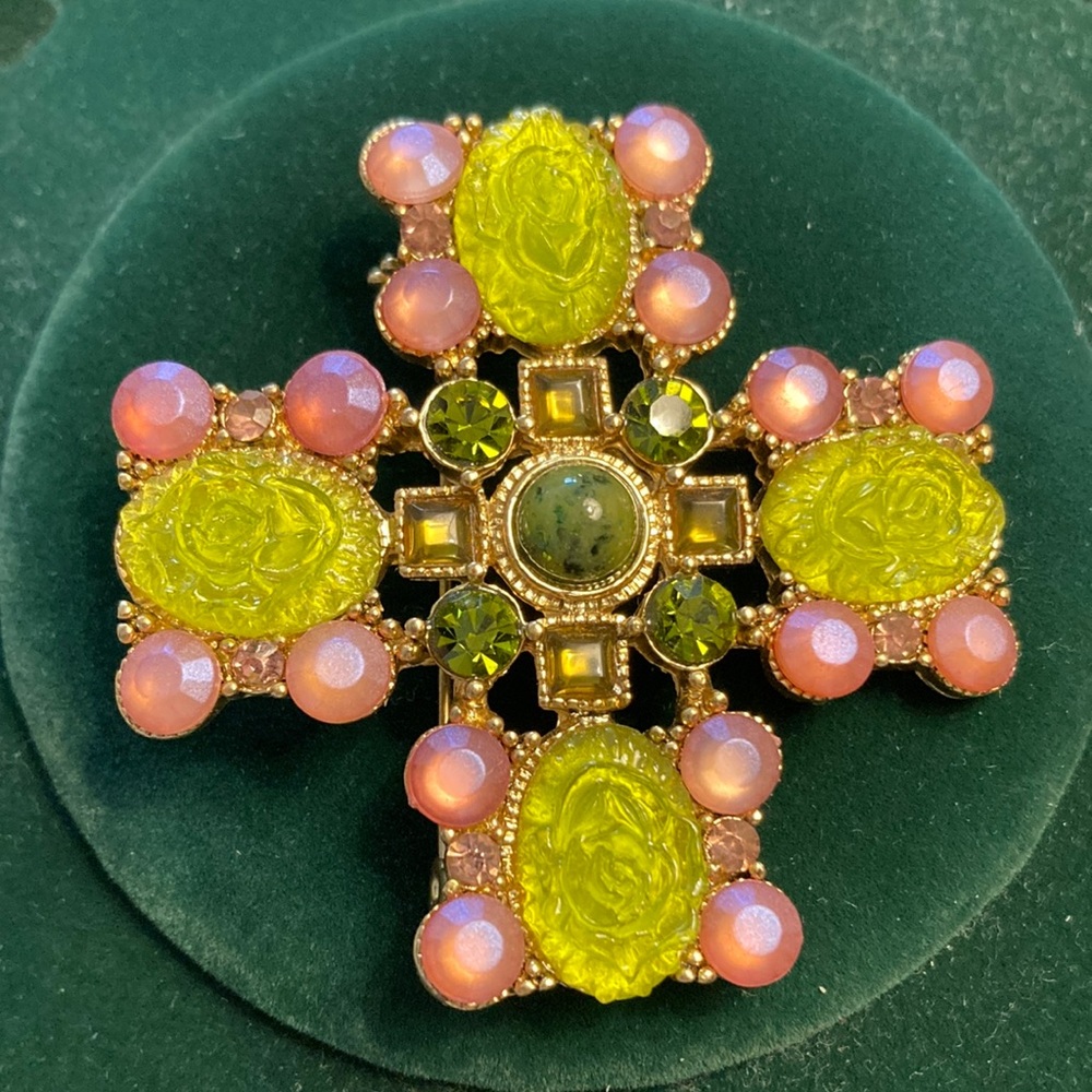 Vintage Gold and Pink Green  Ornate Cross Brooch with Intricate Details